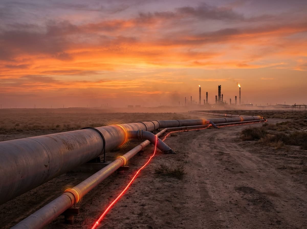 DTS Temperature Sensing — Fiber optic pipeline monitoring at sunset